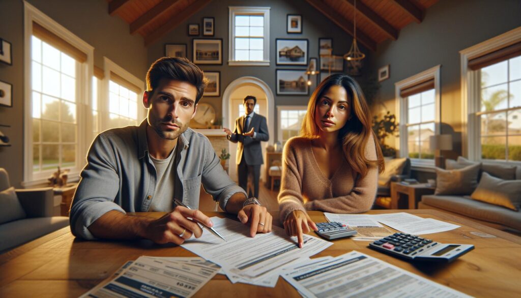 First-time homebuyer looking worried over home purchase papers