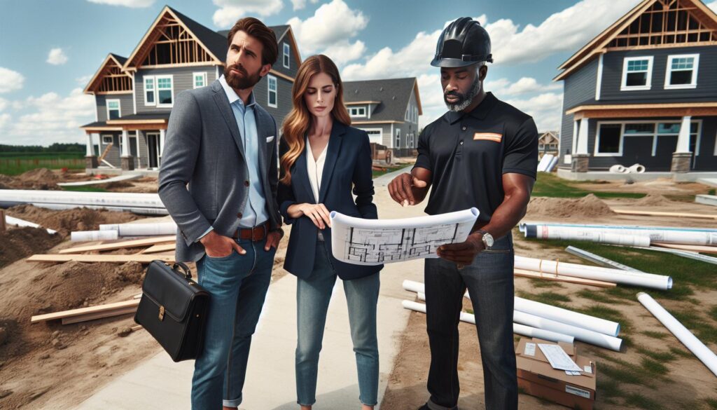 Homebuyers reviewing construction plans with a builder