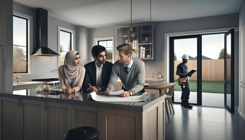Couple reviewing new construction home contract with agent