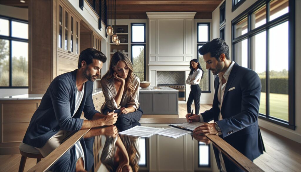Couple discussing home purchase negotiations with a real estate agent