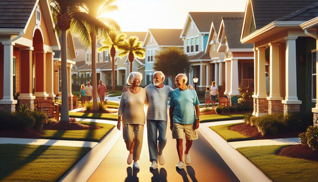 Retired couple walking in Port St Lucie 55+ community with greenery
