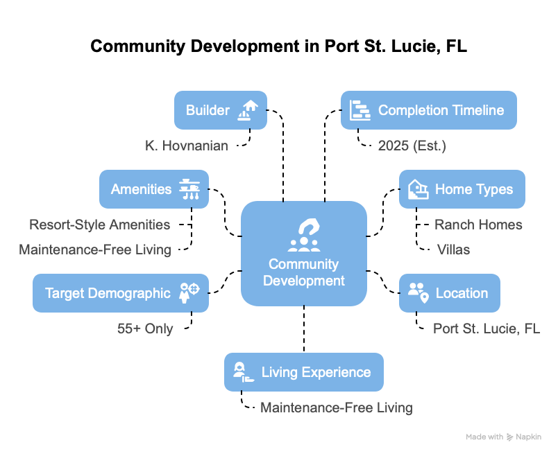 Infographic overview of Four Seasons at Wylder community in Port St. Lucie, highlighting builder, home types, completion date, amenities, target demographic, and location.