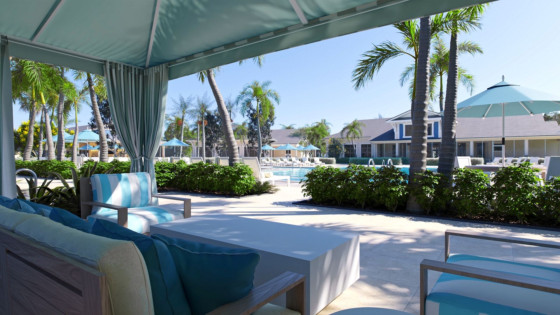 Covered outdoor patio with comfortable seating and lake views