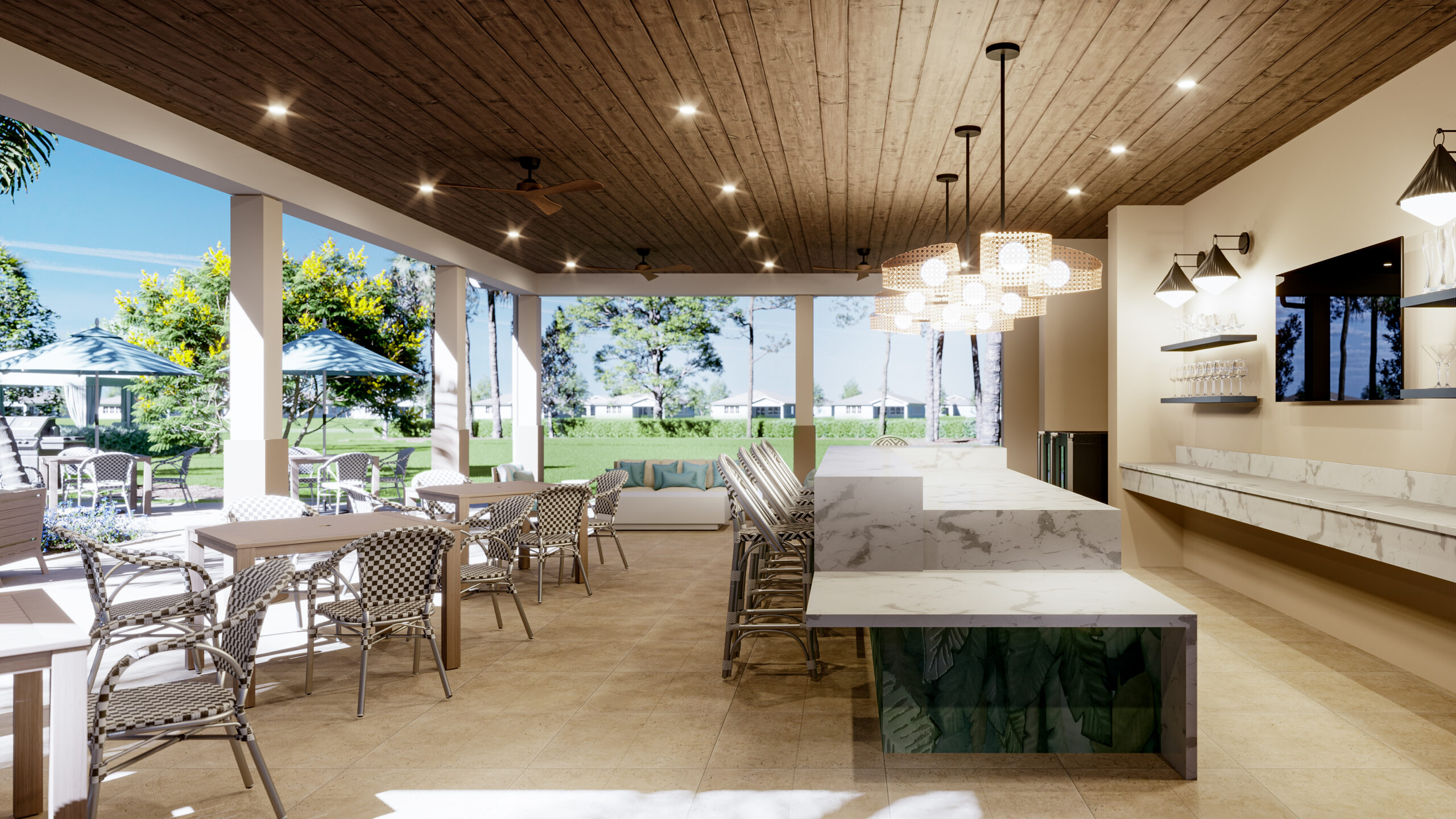 Outdoor covered cabana area with TV and dining space at the Audubon Club
