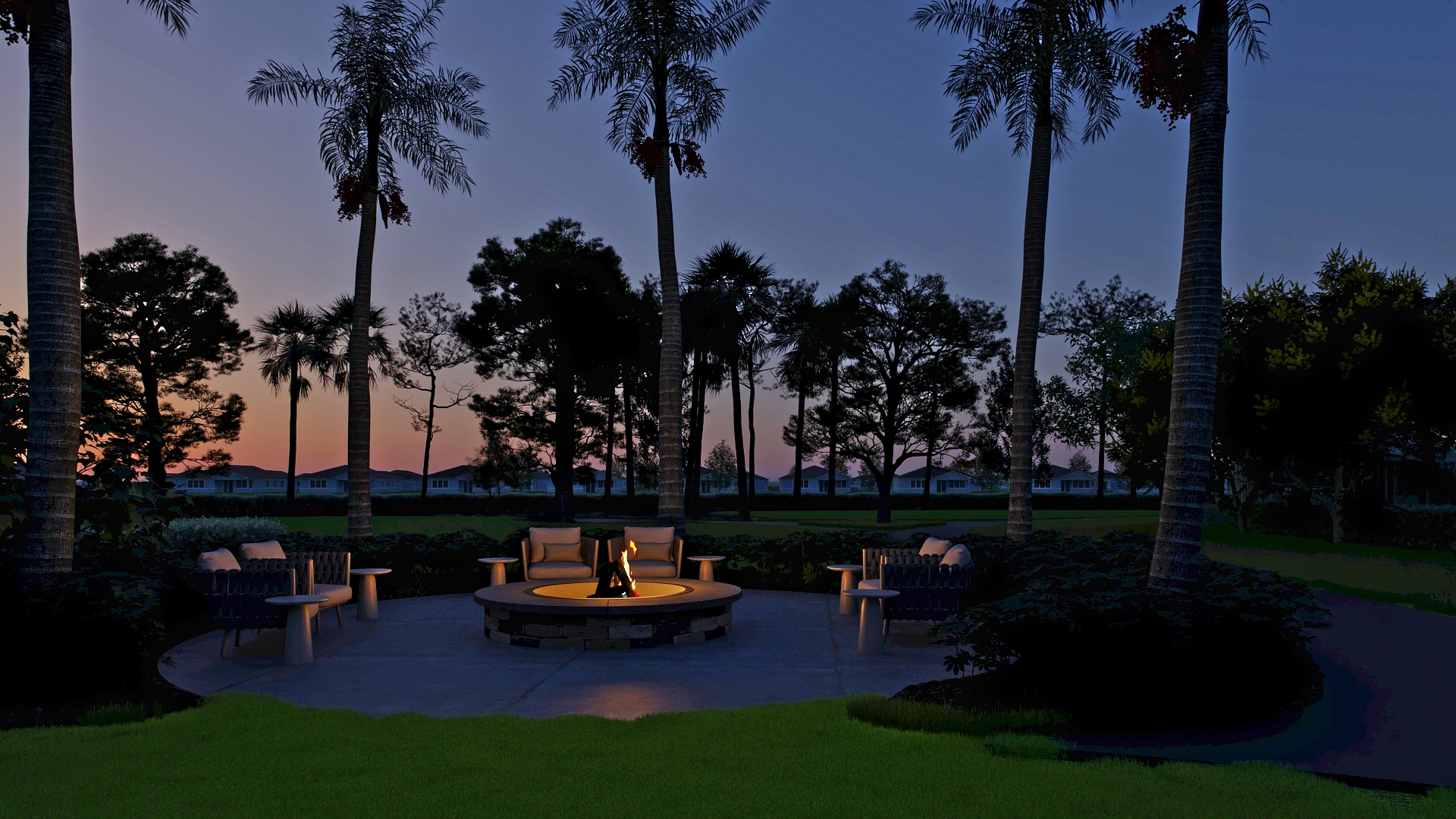 Community fire pit area with seating for evening gatherings