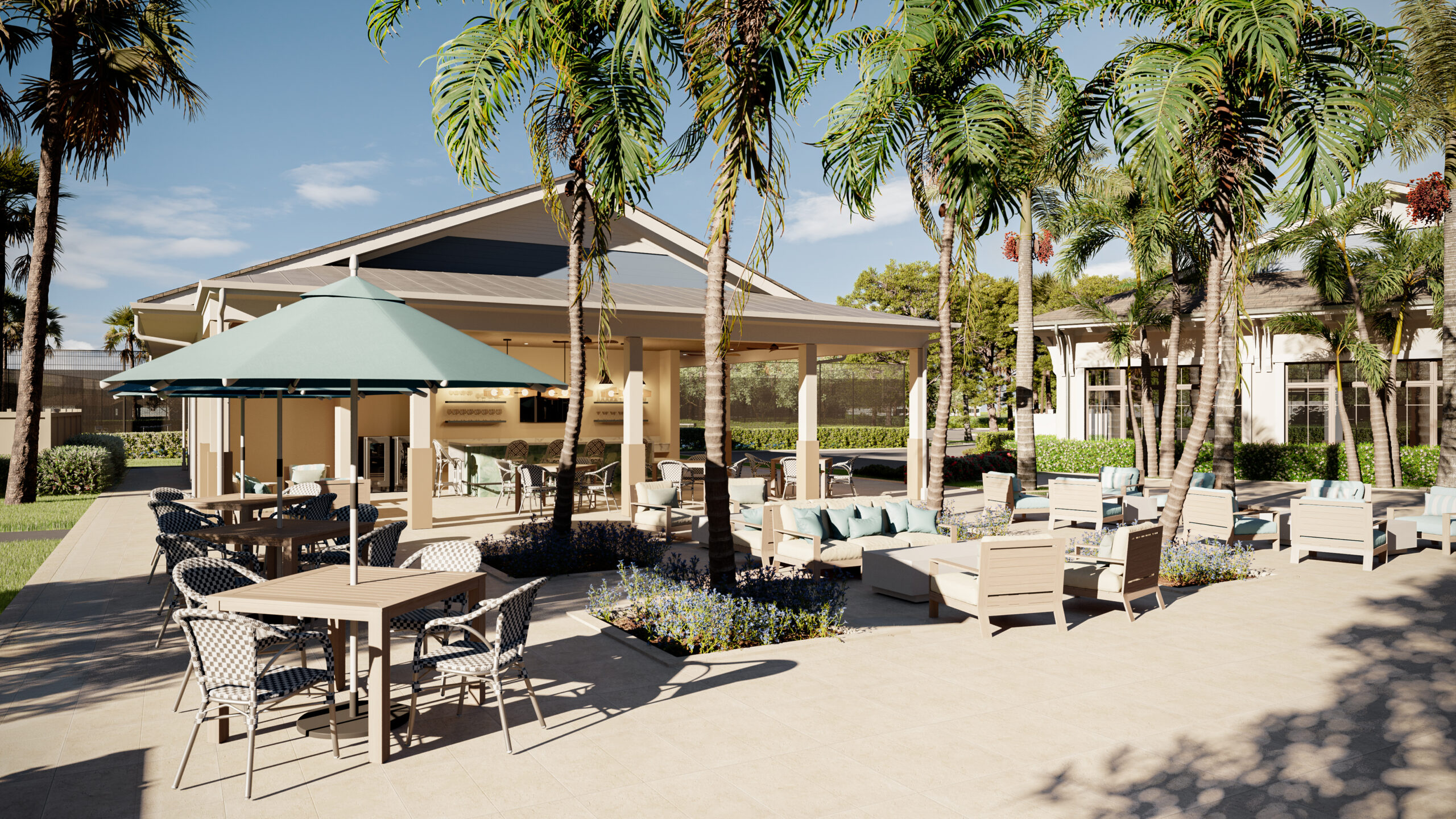 Resort pool area with cabanas and outdoor living spaces at the Audubon Club