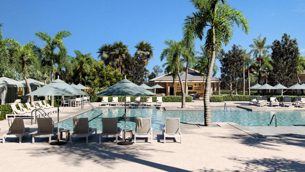 Resort-style swimming pool with lounge chairs, umbrellas, and cabanas at Four Seasons at Wylder 55+ community in Port St. Lucie.