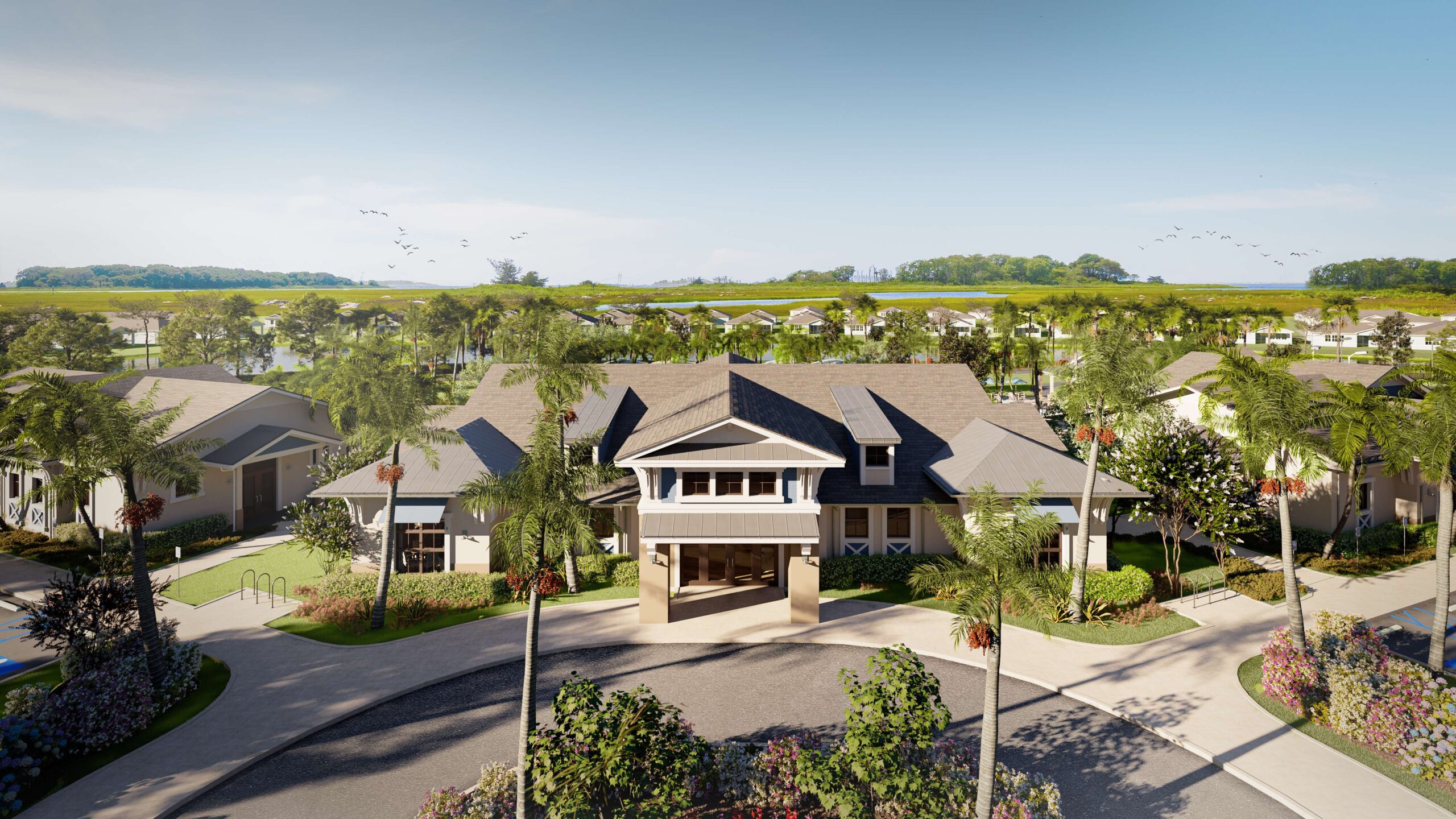 Aerial view of the resort-style pool, poolside cabanas, and Audubon Clubhouse