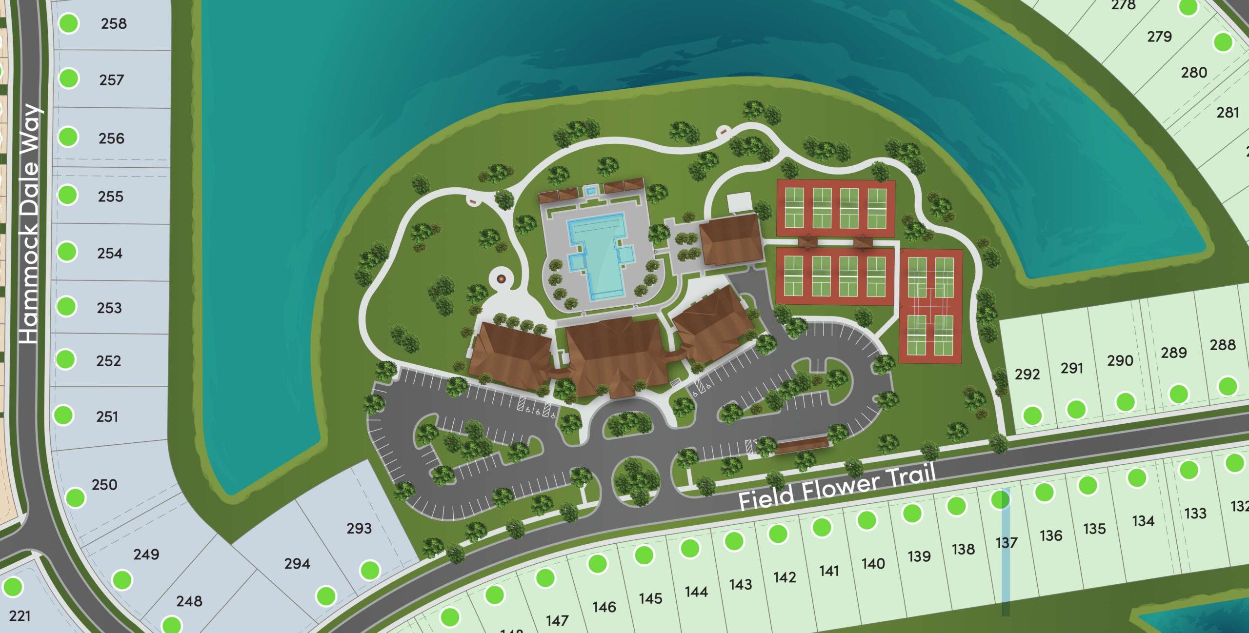 Amenity site map of Four Seasons at Wylder, showing clubhouse, pool, tennis and pickleball courts, walking trails, parking, and surrounding home lots in Port St. Lucie
