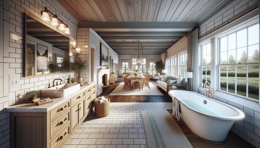 Farmhouse bathroom with subway tiles and wood vanities