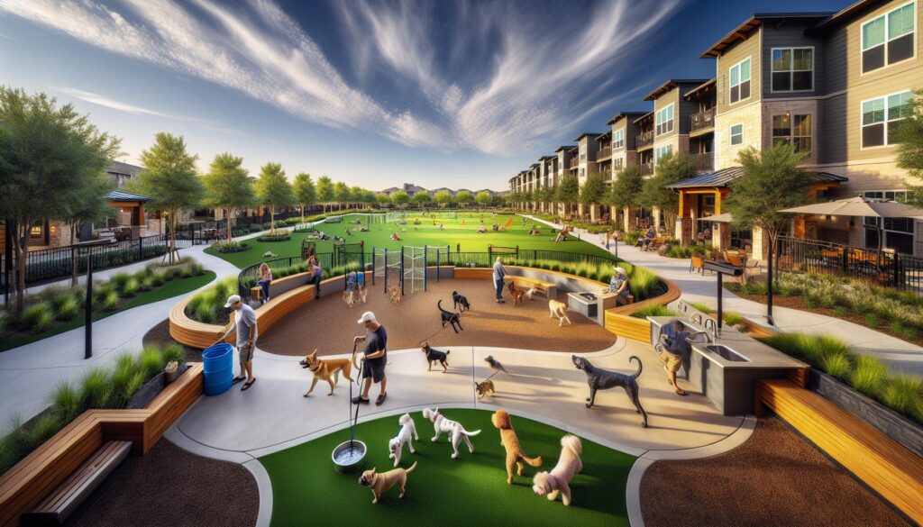 Dogs playing at off-leash dog park Four Seasons at Wylder